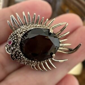 VTG Emmons Fish Brooch 1.25" Gold Vermeil Smoky‎ Quartz 925 Sterling 6.6g READ